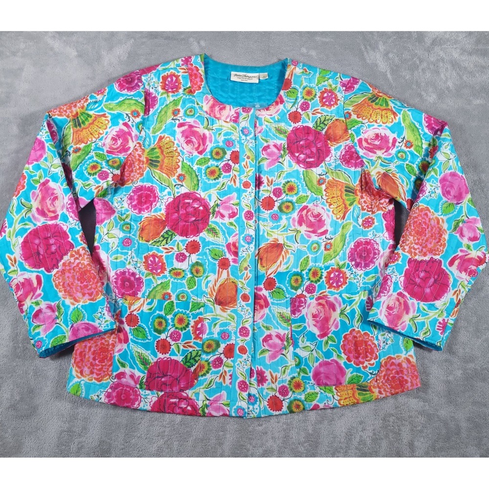 Norm Thompson Jacket Womens Large PL Button Up Floral Multicolor Silk